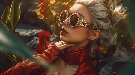 Fashion portrait of a beautiful blonde woman in red dress and sunglasses. Beauty, fashion.の素材