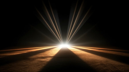 abstract scene of light rays coming from the ground in dark roomの素材