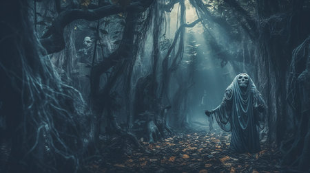 Creepy spooky forest with old tree and fog. Halloween backgroundの素材