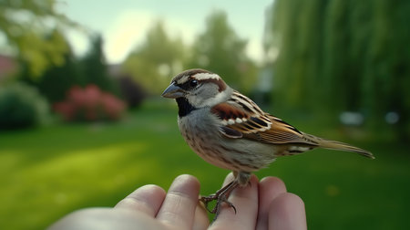Sparrow sits on the palm of a child's hand.の素材