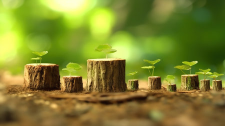 Plants growing out of tree stump with bokeh background.の素材