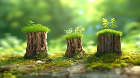 Green moss growing on tree stump in the forest. 3d illustrationの素材