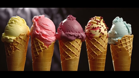 Close up of colorful ice cream in waffle cones on black backgroundの素材