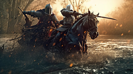 Knight riding a horse on the river at sunset. 3d renderingの素材