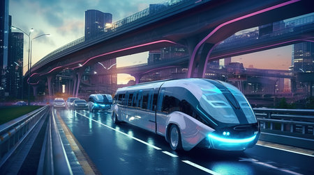 High speed train on the road in the city. 3d renderingの素材