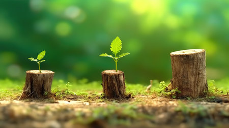 Green seedling growing from tree stump on green bokeh backgroundの素材