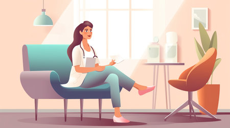 Female doctor with stethoscope sitting in armchair. Cartoon vector illustrationの素材