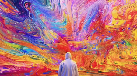 Unrecognizable man standing in the middle of a colorful psychedelic backgroundの素材