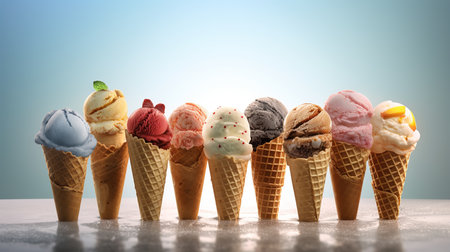 Ice cream cone with different flavors on table against blue vignetteの素材