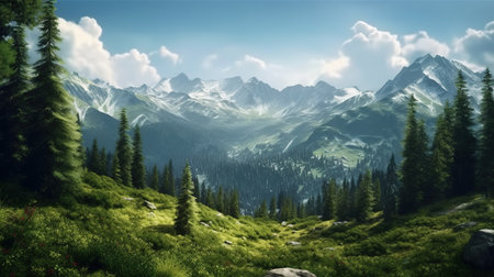 Panoramic view of beautiful alpine landscape with high mountains.の素材