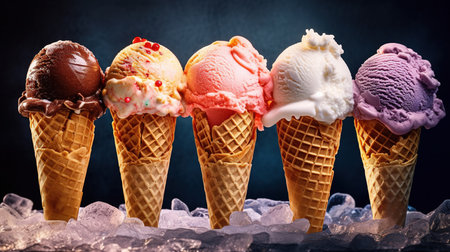 Ice cream cones with different flavors of ice cream on a blue backgroundの素材