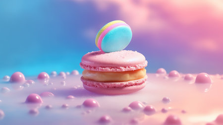 Colorful macaroon in milk on a background of blue skyの素材