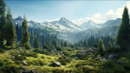 Panoramic view of the mountains and the forest in the foregroundの素材