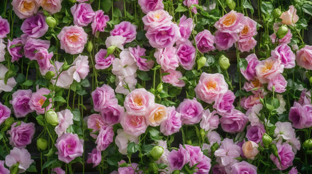 Beautiful pink and white roses in the garden, floral background.の素材