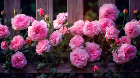 Beautiful pink roses in the garden on the wooden fence background.の素材