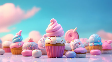 Cupcakes with pink cream and sprinkles. 3d illustrationの素材