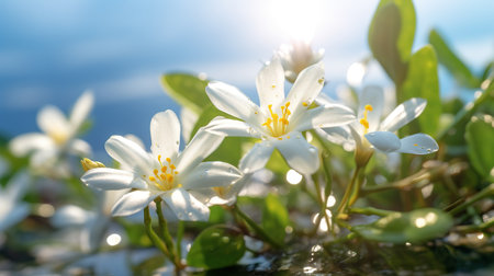 Beautiful white flowers on the lake in the morning. Nature backgroundの素材