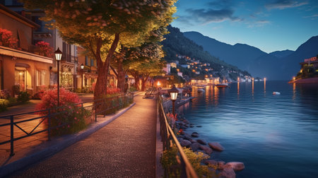 Beautiful view of Lake Como at sunset, Lombardy, Italyの素材