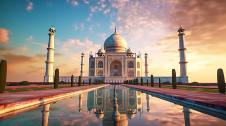 The Taj Mahal at sunrise, Agra, Uttar Pradesh, Indiaの素材