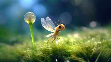 Dragonfly on a flower in the forest. 3d rendering.の素材