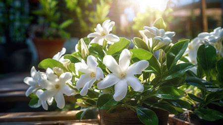 White jasmine flower in pot on the table, stock photoの素材