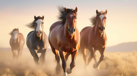 Wild horses run gallop in the meadow. 3d illustrationの素材