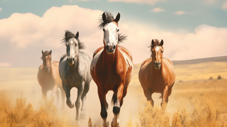 Wild horses in the meadow. Horizontal banner with space for textの素材