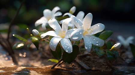 White flowers with water drops on the ground in the morning light.の素材