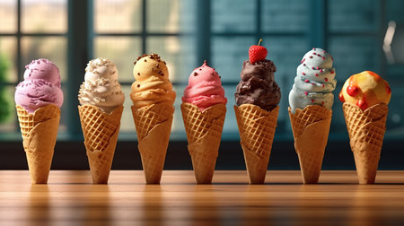 Ice cream cones with different flavors on wooden table, 3d renderの素材
