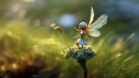 Dragonfly on a mossy branch in the forest at sunset.の素材