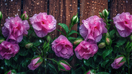 Beautiful pink rose flowers with raindrops on a wooden background.の素材