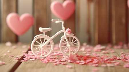 Bicycle with pink hearts on wooden background. Valentine's day conceptの素材