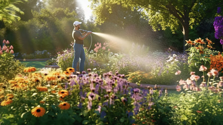 Woman watering flowers in her garden. Gardening and landscaping conceptの素材