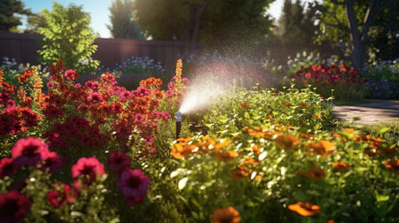Garden sprinkler watering flowerbed in the garden. Gardening conceptの素材
