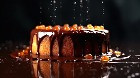 Piece of chocolate cake with caramel glaze and candies on black backgroundの素材