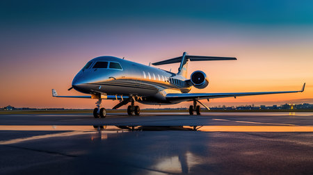 Modern private jet on the runway at sunset. Business travel concept.の素材