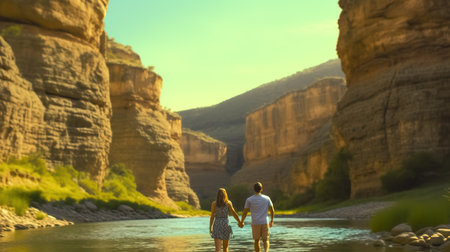 Couple in love walking along a mountain river at sunset. Man and woman embracing and looking at each otherの素材