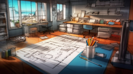 3D rendering of an office with blueprints and pencils.の素材