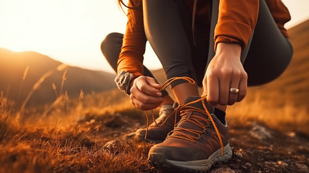 Young woman tying shoelace on mountain trail. Hiking conceptの素材