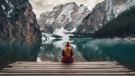 Woman sitting on a wooden pier by the lake in Dolomites, Italyの素材