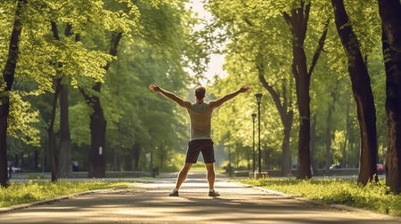 Young man jogging in the park on a sunny summer day.の素材