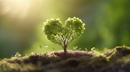 Green tree growing on mossy ground with sunlight and bokeh backgroundの素材