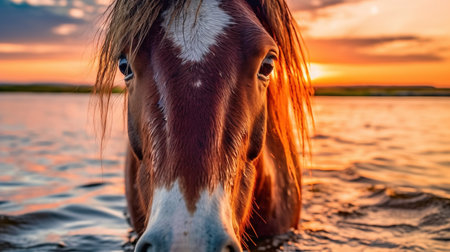 Horse in the water at sunset. Portrait of a horse.の素材