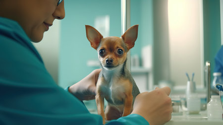 Veterinarian doctor examining chihuahua dog in vet clinicの素材