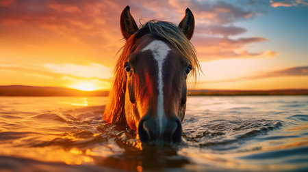 Horse in the water at sunset. Beautiful horse swims in the water at sunset.の素材
