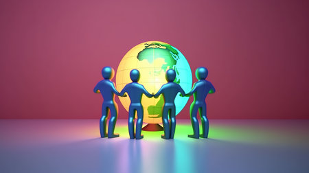 Teamwork and leadership concept as a group of 3d businessmen holding hands around a globe as a metaphor for teamwork and business success in a 3D illustration style.の素材