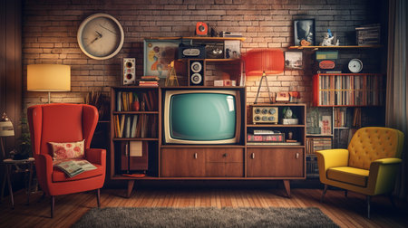 Interior of a living room with a vintage television and armchairの素材