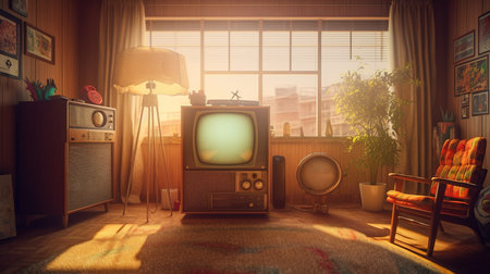 Vintage living room with old television. 3d render illustration.の素材