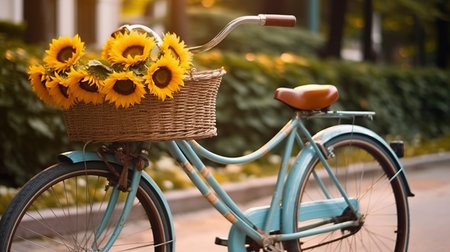 Bicycle with basket of sunflowers and sunflower flowers.の素材