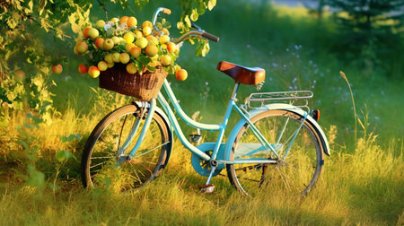 Vintage bicycle with basket of fresh fruits in the garden at sunsetの素材